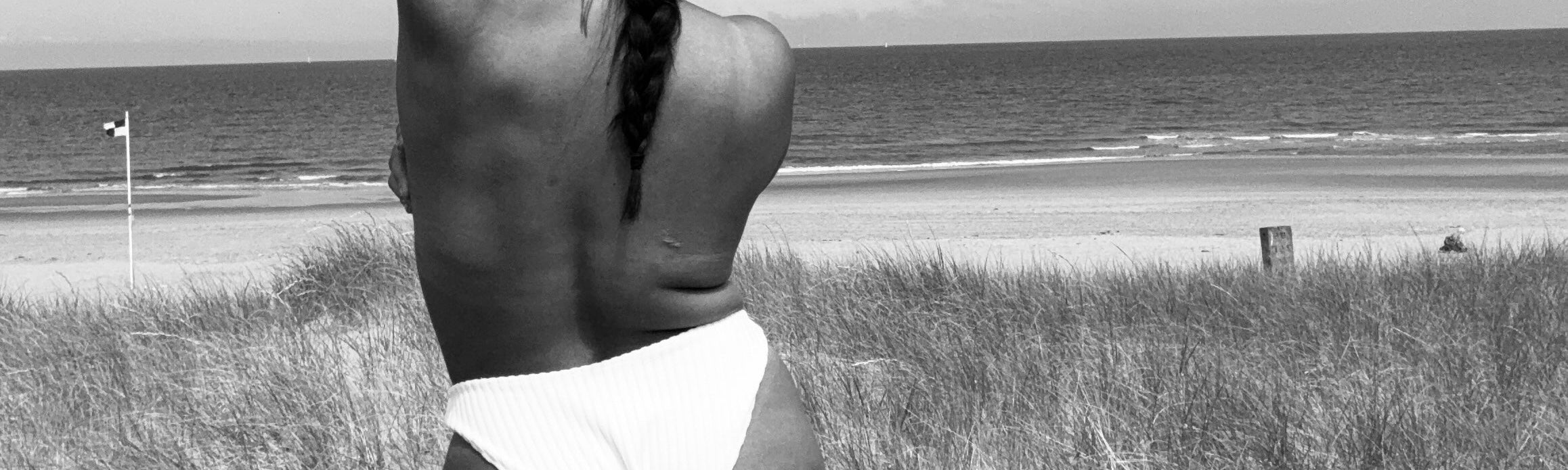 Person in a bikini standing on a grassy area near a beach with ocean and sky in the background.