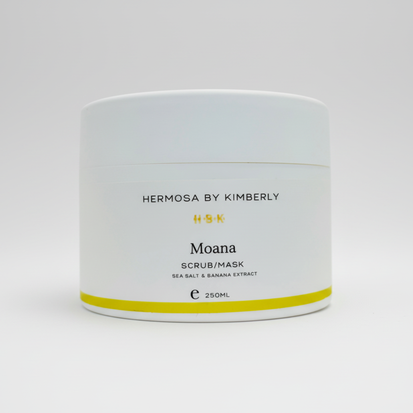 Jar of Hermosa by Kimberly Moana scrub/mask for psoriasis skin dry skin and sensitive skin on a white background

MOANA healing scrub jar for dry sensitive and psoriasis-affected skin